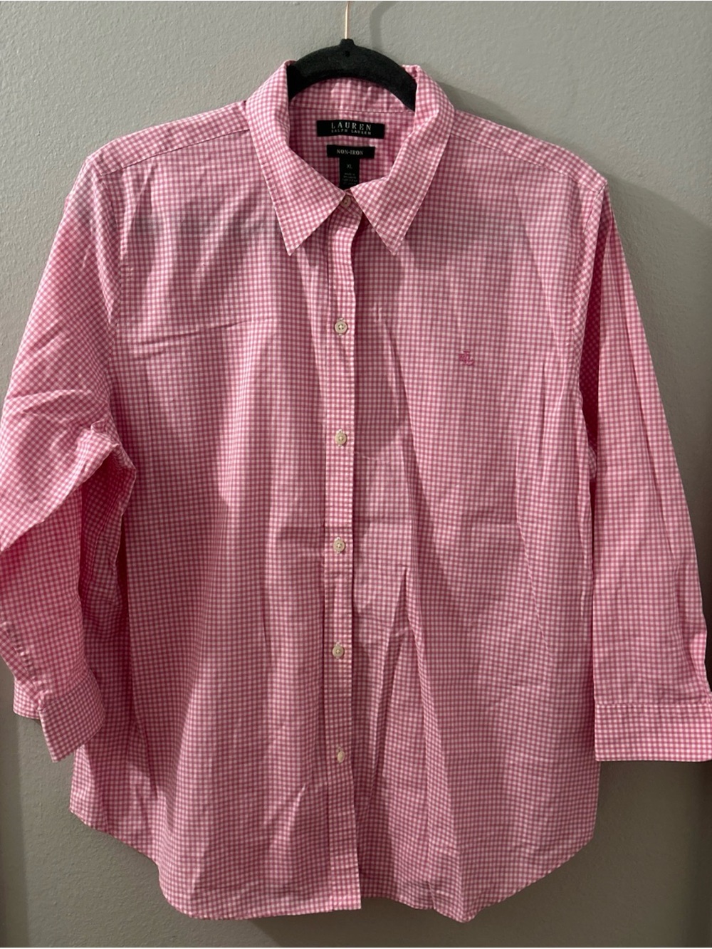 Lauren Ralph Lauren Ladies Non-Iron Pink Gingham 3/4 Sleeve Button Down Shirt XL